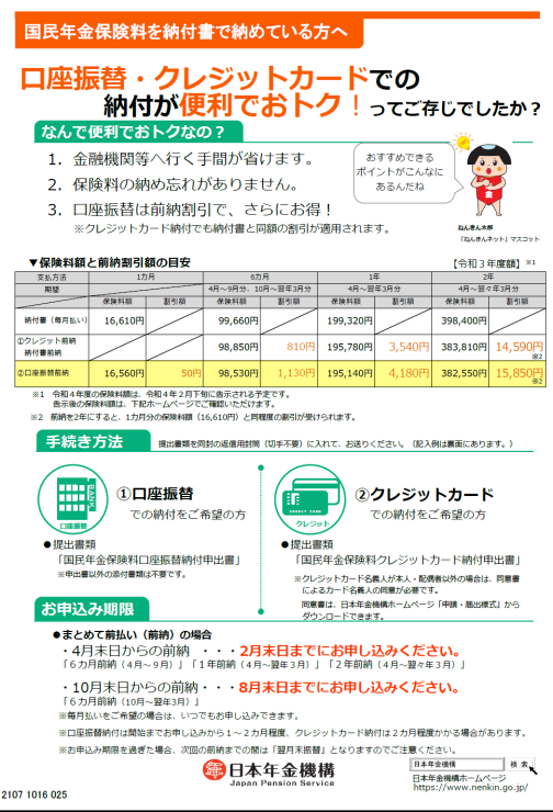 国民年金保険料の口座振替及びクレジットカード納付制度について