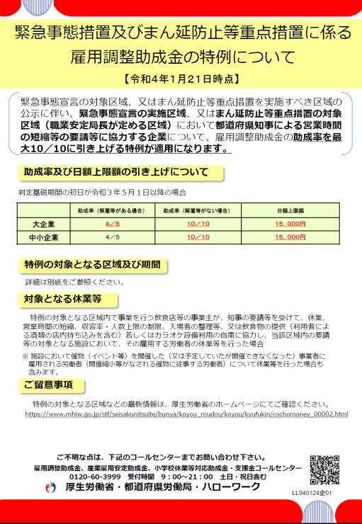緊急事態措置及びまん延防止等重点措置に係る雇用調整助成金のお知らせ(厚労省)