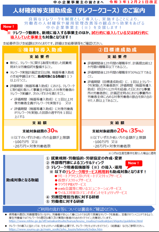 人材確保等支援助成金(テレワークコース)サービス利用料も助成対象に