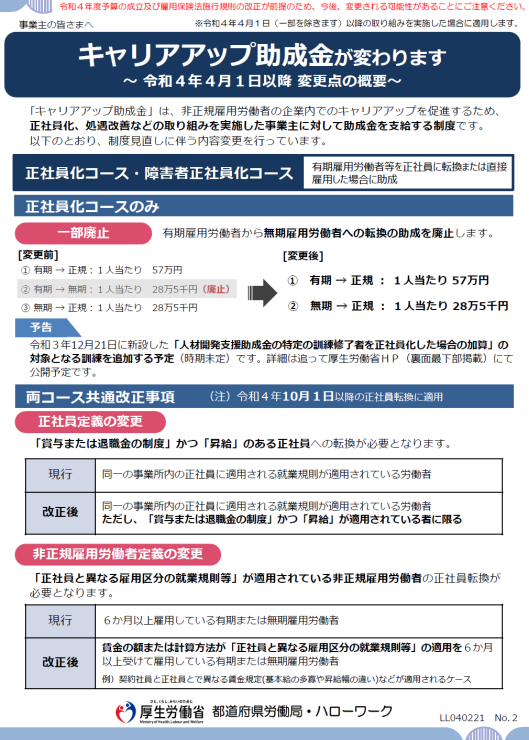 令和4年4月以降のキャリアップ助成金 リーフレットを公表(厚労省)