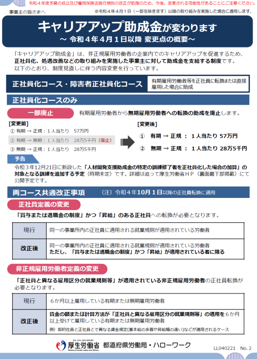 令和4年4月以降のキャリアップ助成金　リーフレットを公表（厚労省）